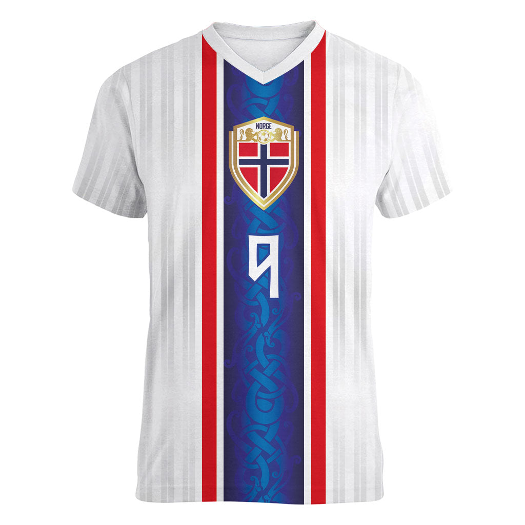 Custom Norway Football Women V-Neck T-Shirt Norge Viking Ornament Vertical Stripe Sporty Style