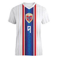 Custom Norway Football Women V-Neck T-Shirt Norge Viking Ornament Vertical Stripe Sporty Style