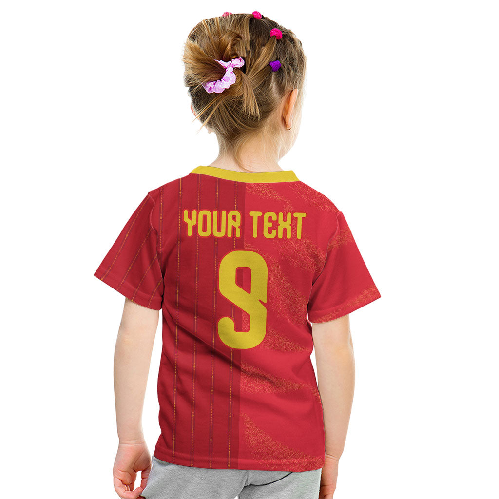 Custom Spain Football Kid T Shirt World Champions and Kings of Europe