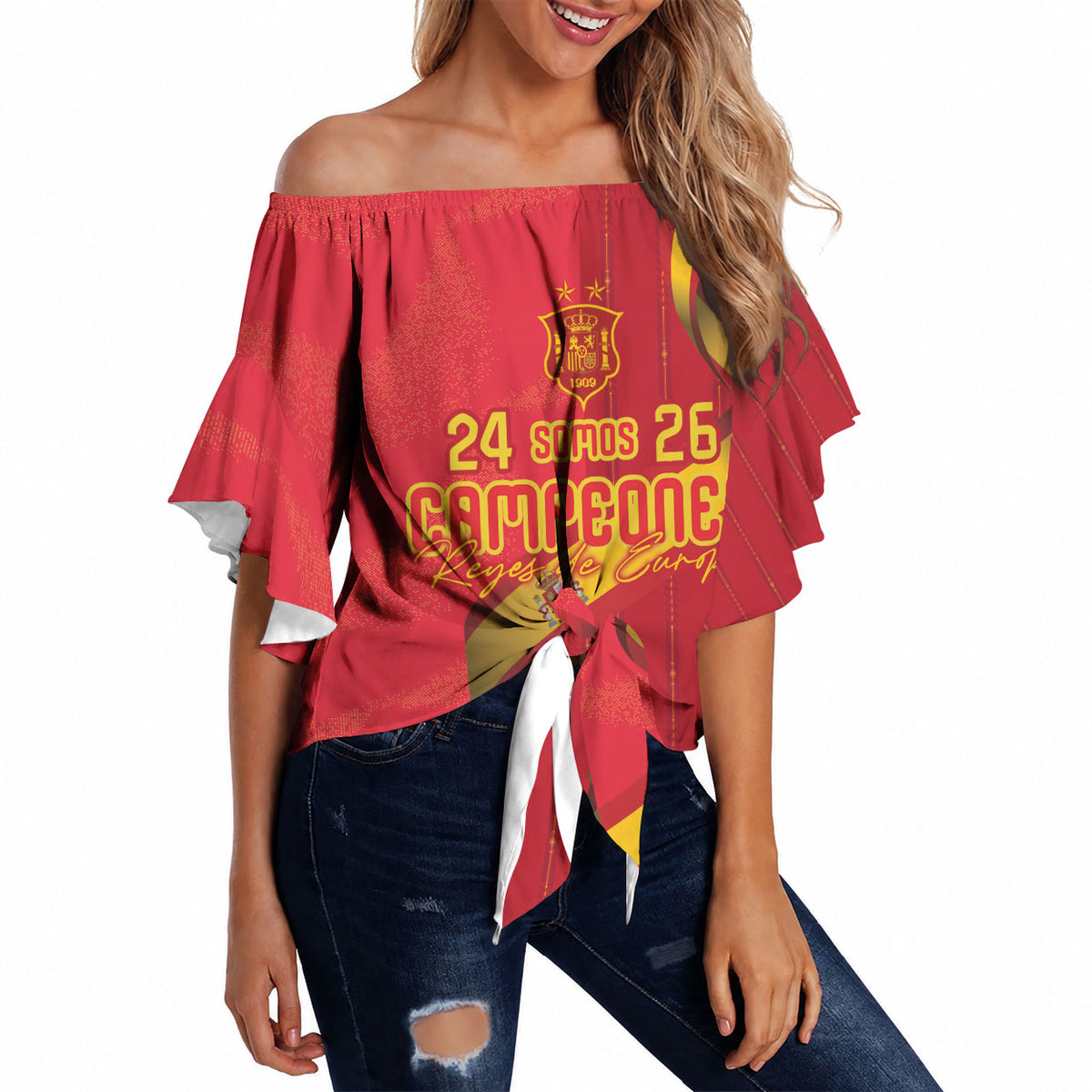 Custom Spain Football Off Shoulder Wrap Waist Top World Champions and Kings of Europe