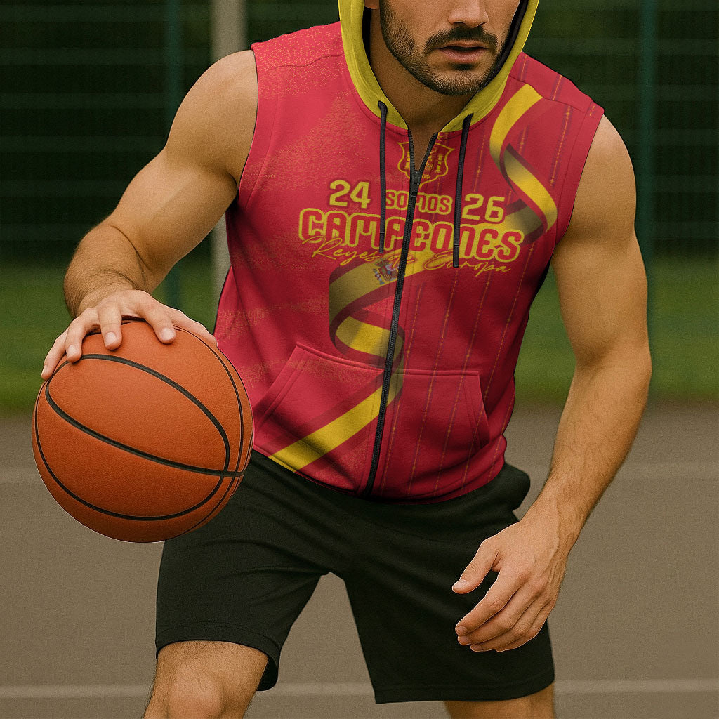 Custom Spain Football Sleeveless Zip Hoodie World Champions and Kings of Europe