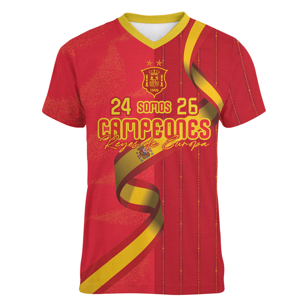 Custom Spain Football Women V-Neck T-Shirt World Champions and Kings of Europe