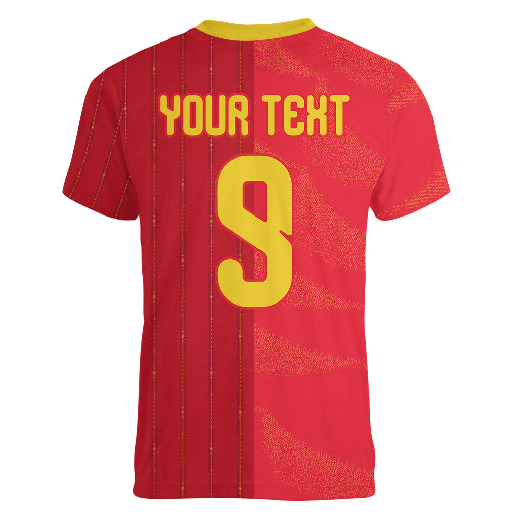 Custom Spain Football Women V-Neck T-Shirt World Champions and Kings of Europe