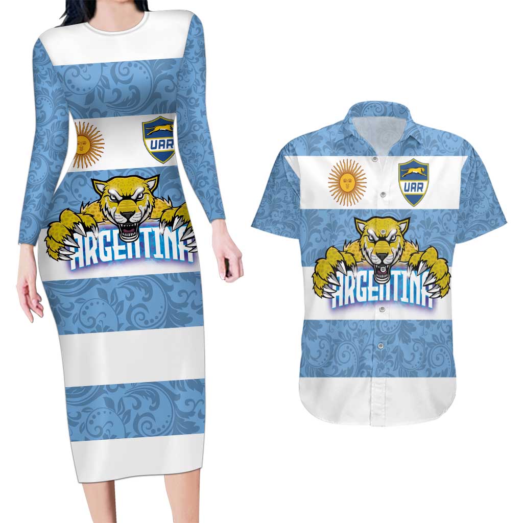 Custom Argentina Rugby 2024 Couples Matching Long Sleeve Bodycon Dress and Hawaiian Shirt Vamos Los Pumas with Jaguar and Floral Pattern - Wonder Print Shop