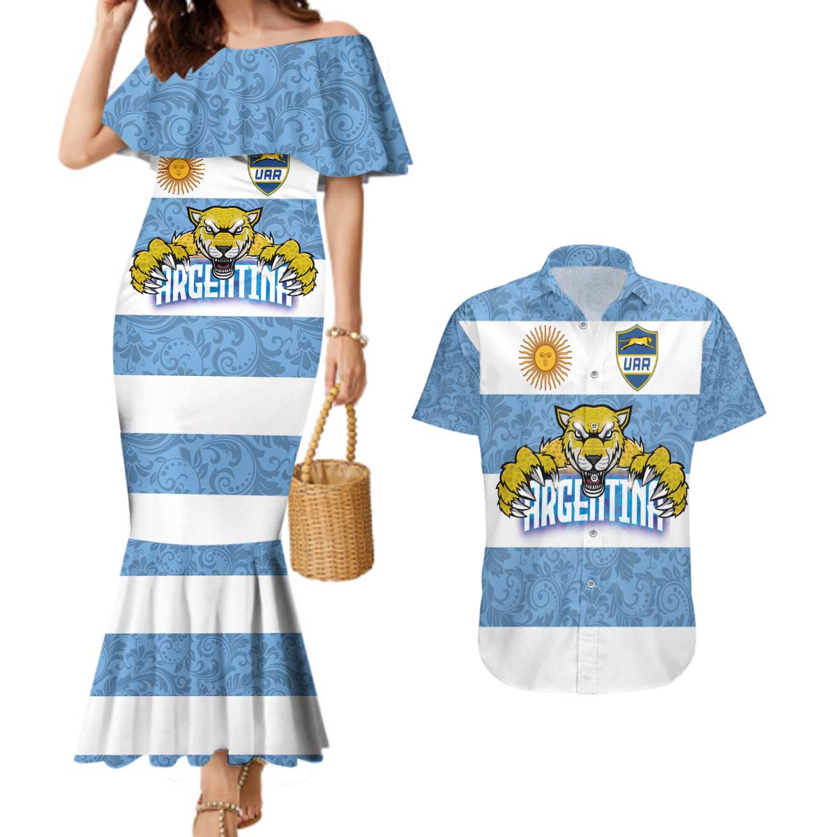 Custom Argentina Rugby 2024 Couples Matching Mermaid Dress and Hawaiian Shirt Vamos Los Pumas with Jaguar and Floral Pattern - Wonder Print Shop