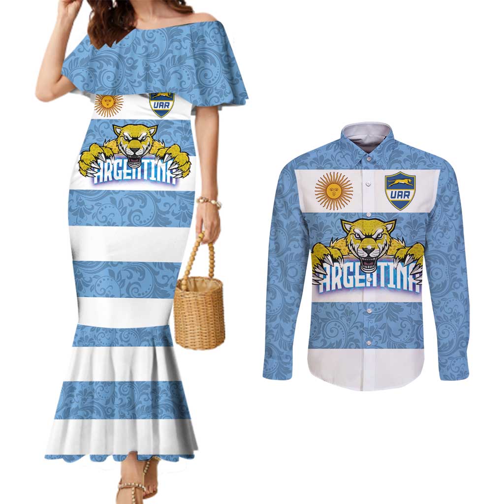 Custom Argentina Rugby 2024 Couples Matching Mermaid Dress and Long Sleeve Button Shirt Vamos Los Pumas with Jaguar and Floral Pattern