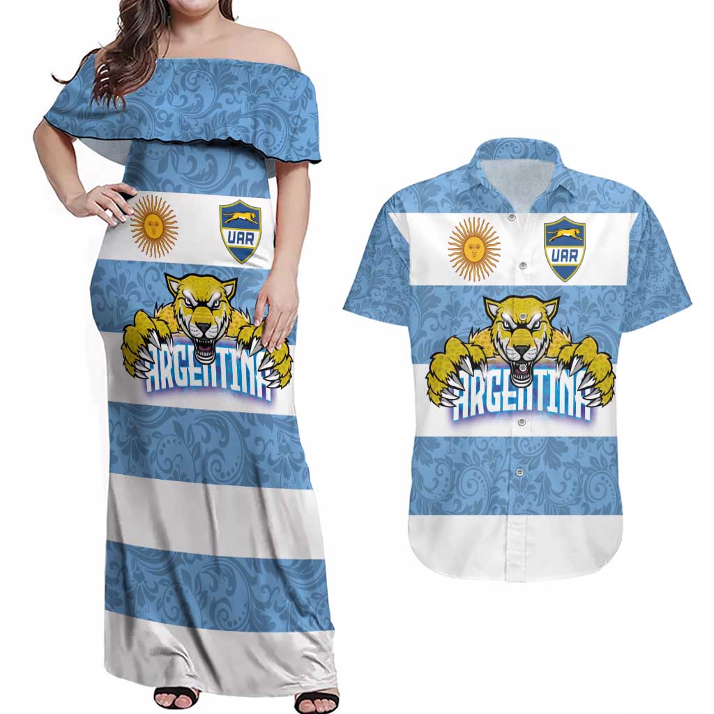 Custom Argentina Rugby 2024 Couples Matching Off Shoulder Maxi Dress and Hawaiian Shirt Vamos Los Pumas with Jaguar and Floral Pattern - Wonder Print Shop
