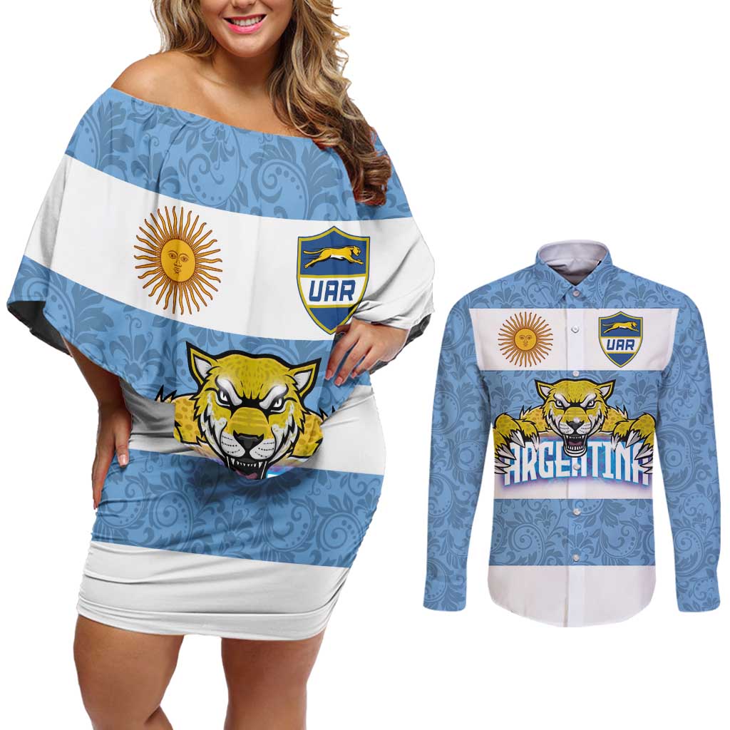 Custom Argentina Rugby 2024 Couples Matching Off Shoulder Short Dress and Long Sleeve Button Shirt Vamos Los Pumas with Jaguar and Floral Pattern - Wonder Print Shop