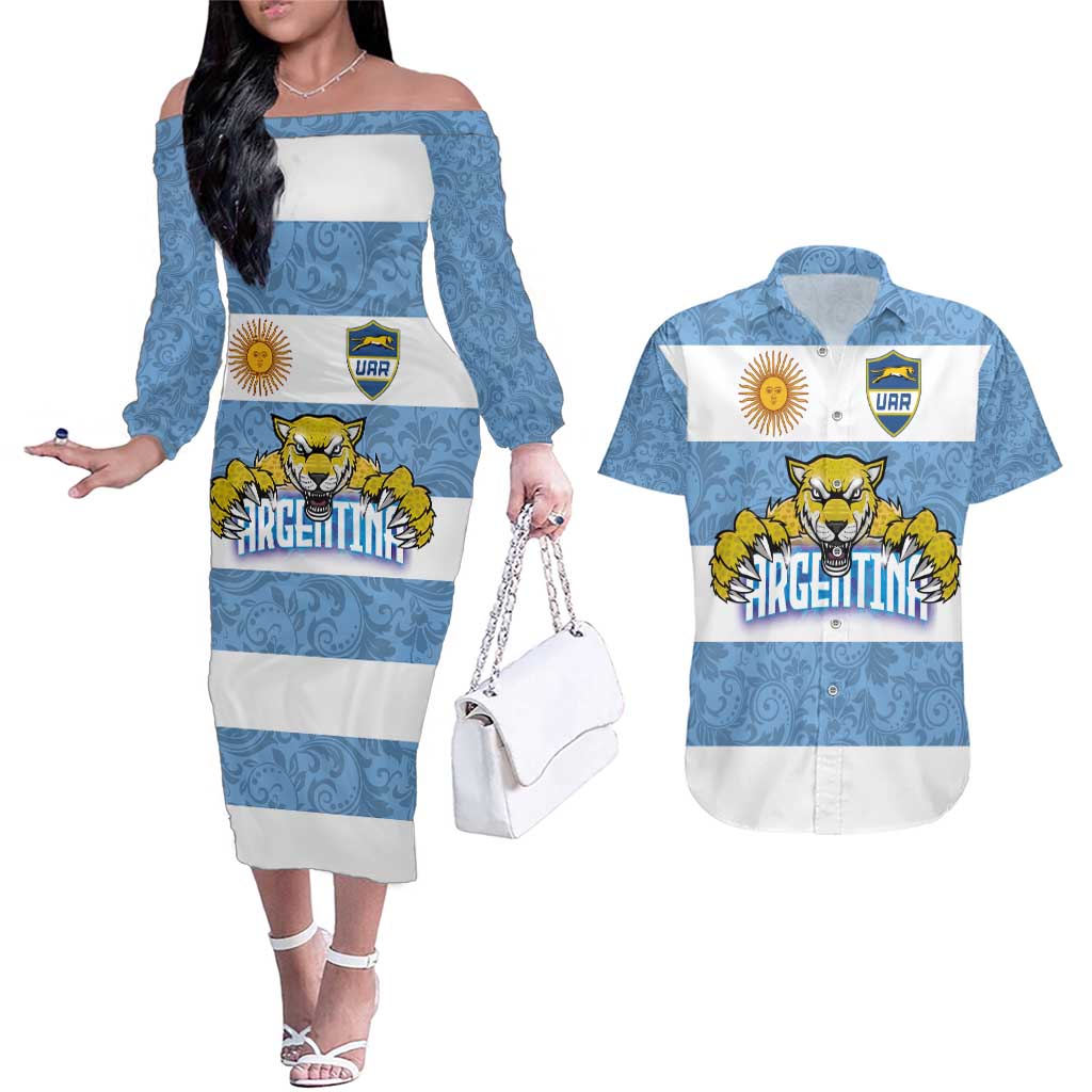 Custom Argentina Rugby 2024 Couples Matching Off The Shoulder Long Sleeve Dress and Hawaiian Shirt Vamos Los Pumas with Jaguar and Floral Pattern - Wonder Print Shop