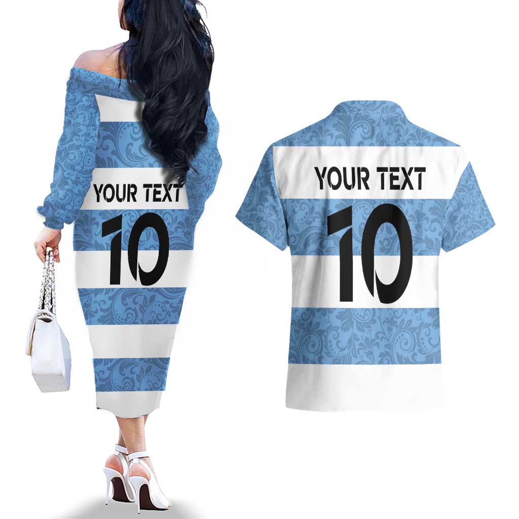 Custom Argentina Rugby 2024 Couples Matching Off The Shoulder Long Sleeve Dress and Hawaiian Shirt Vamos Los Pumas with Jaguar and Floral Pattern - Wonder Print Shop