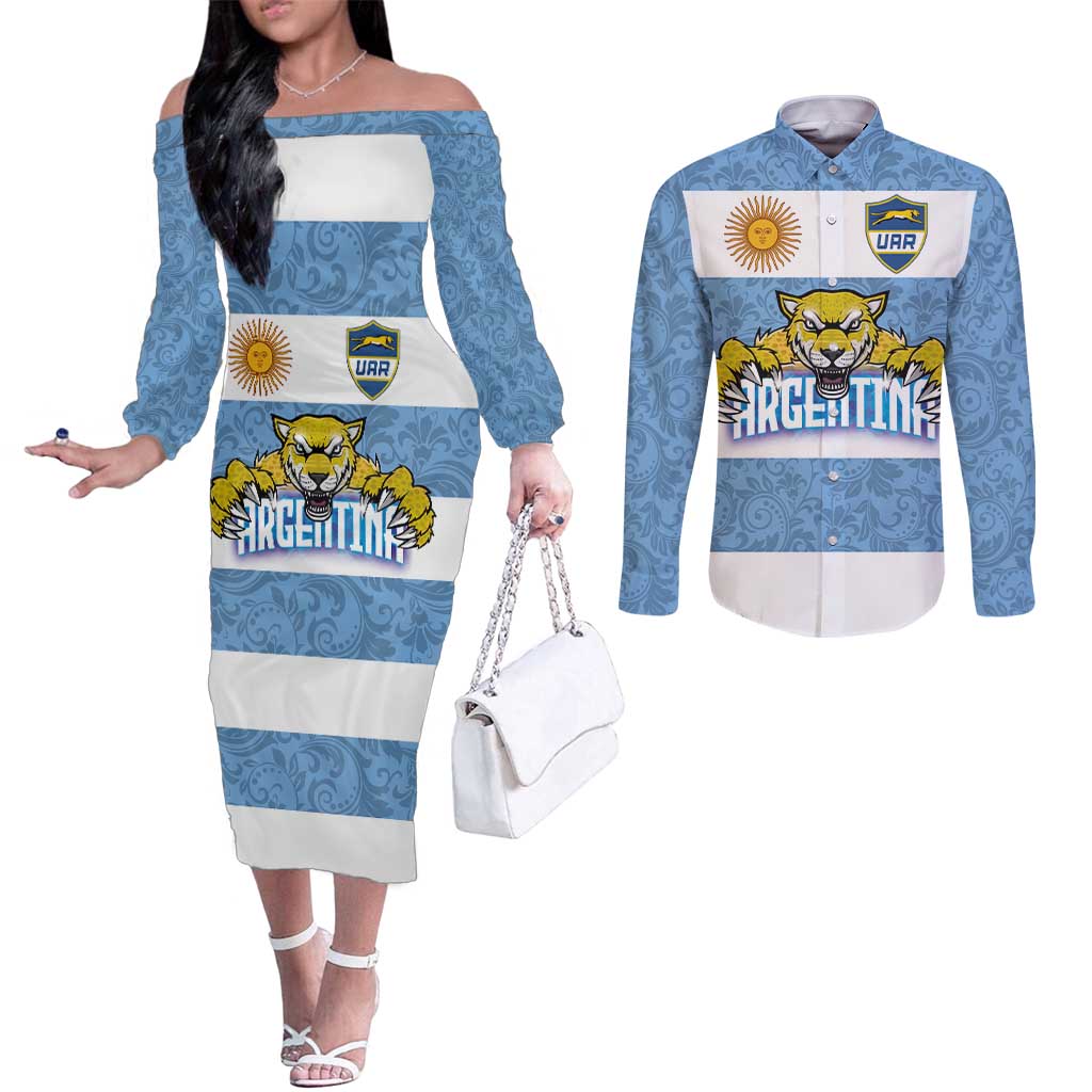 Custom Argentina Rugby 2024 Couples Matching Off The Shoulder Long Sleeve Dress and Long Sleeve Button Shirt Vamos Los Pumas with Jaguar and Floral Pattern