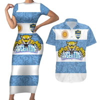 Custom Argentina Rugby 2024 Couples Matching Short Sleeve Bodycon Dress and Hawaiian Shirt Vamos Los Pumas with Jaguar and Floral Pattern - Wonder Print Shop