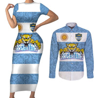 Custom Argentina Rugby 2024 Couples Matching Short Sleeve Bodycon Dress and Long Sleeve Button Shirt Vamos Los Pumas with Jaguar and Floral Pattern - Wonder Print Shop