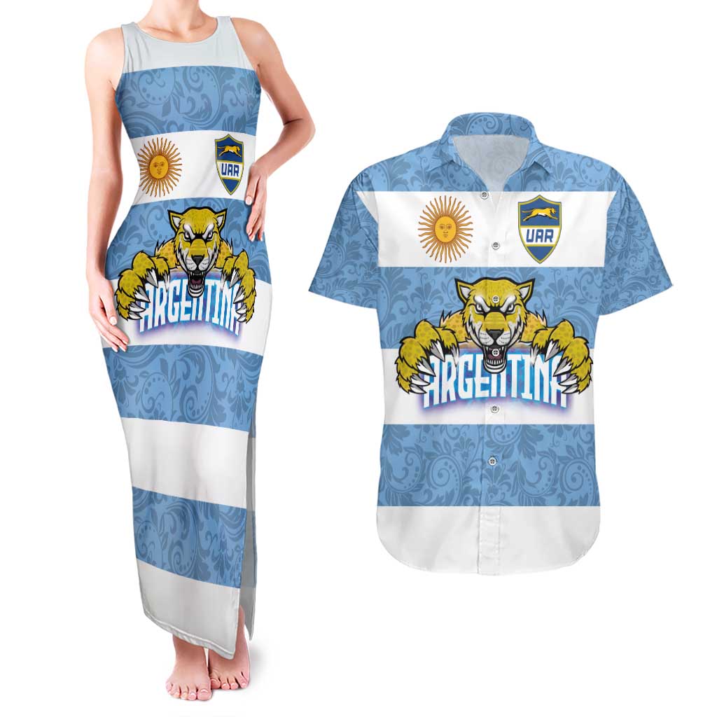 Custom Argentina Rugby 2024 Couples Matching Tank Maxi Dress and Hawaiian Shirt Vamos Los Pumas with Jaguar and Floral Pattern - Wonder Print Shop