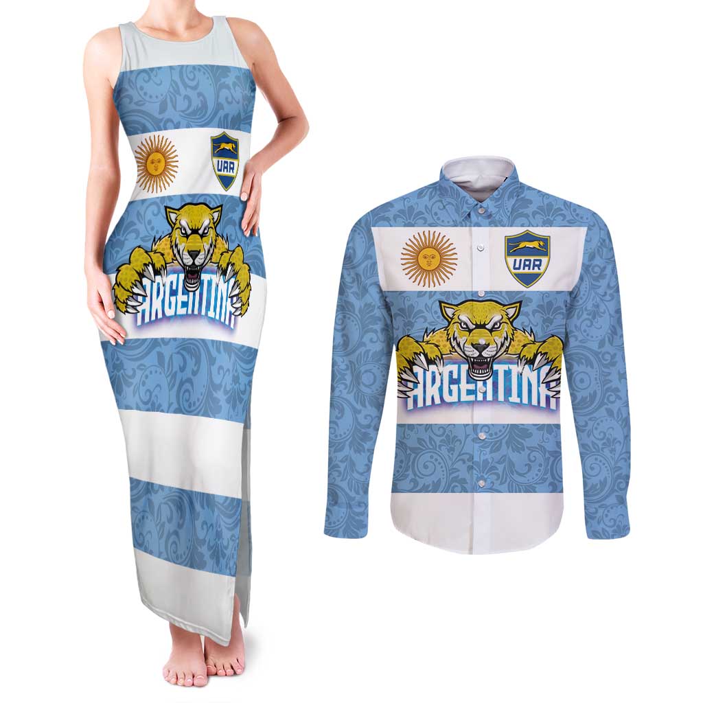 Custom Argentina Rugby 2024 Couples Matching Tank Maxi Dress and Long Sleeve Button Shirt Vamos Los Pumas with Jaguar and Floral Pattern - Wonder Print Shop