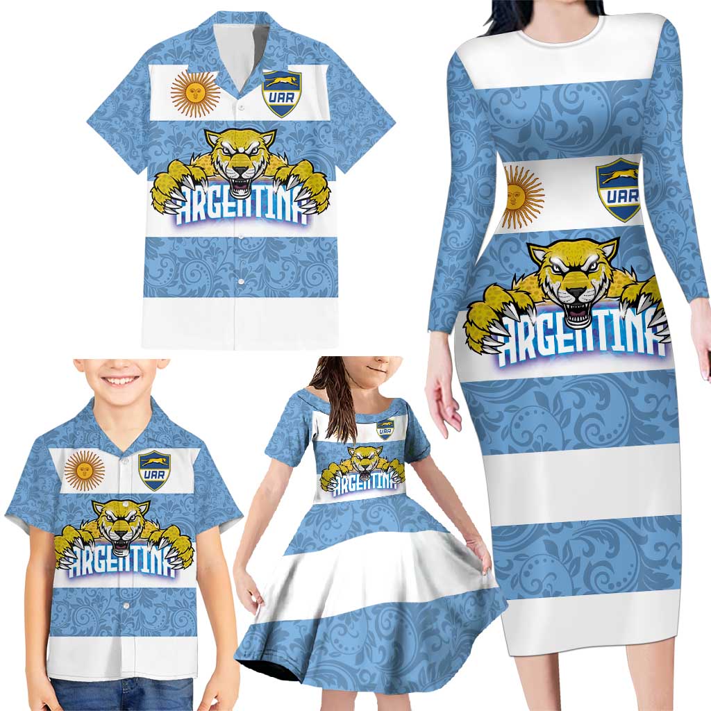 Custom Argentina Rugby 2024 Family Matching Long Sleeve Bodycon Dress and Hawaiian Shirt Vamos Los Pumas with Jaguar and Floral Pattern - Wonder Print Shop