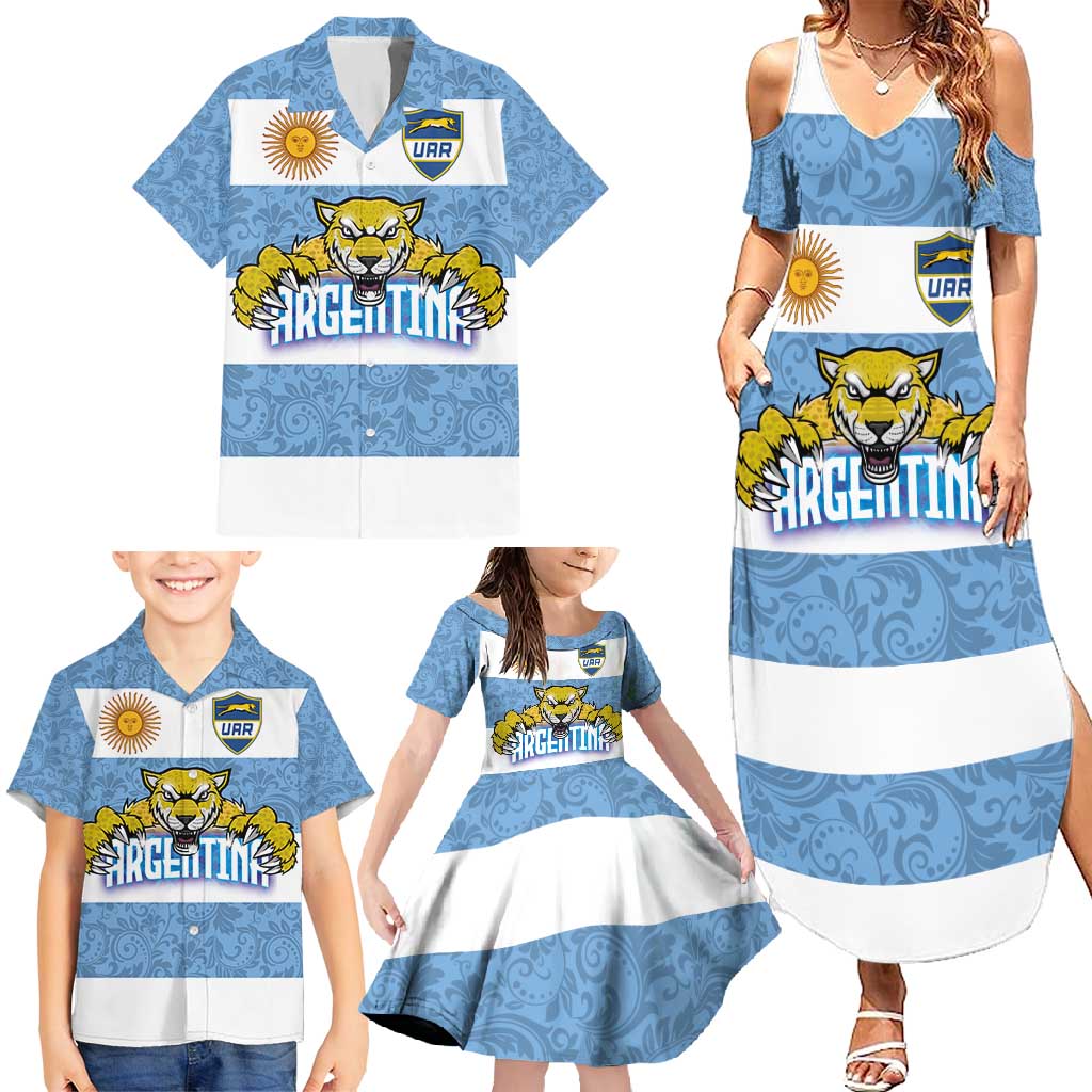 Custom Argentina Rugby 2024 Family Matching Summer Maxi Dress and Hawaiian Shirt Vamos Los Pumas with Jaguar and Floral Pattern - Wonder Print Shop