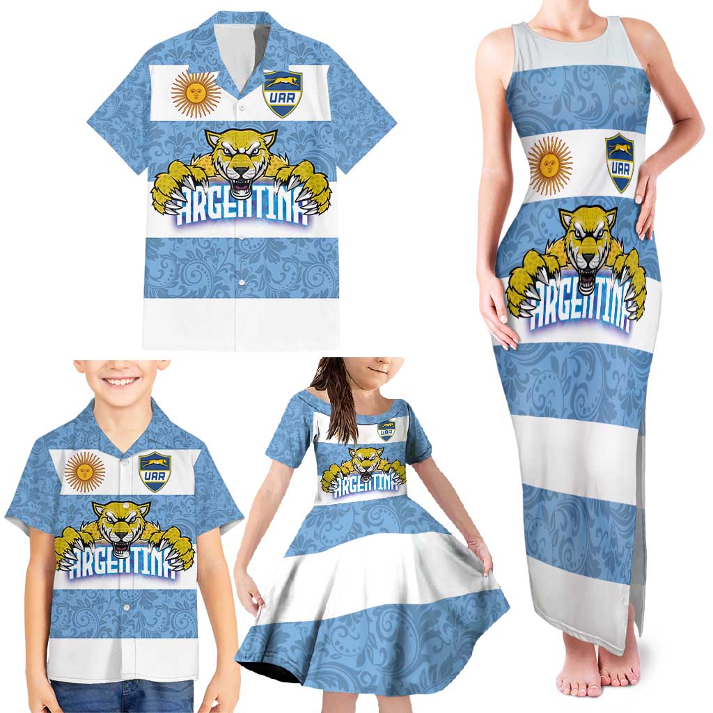 Custom Argentina Rugby 2024 Family Matching Tank Maxi Dress and Hawaiian Shirt Vamos Los Pumas with Jaguar and Floral Pattern - Wonder Print Shop