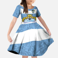 Custom Argentina Rugby 2024 Kid Short Sleeve Dress Vamos Los Pumas with Jaguar and Floral Pattern - Wonder Print Shop