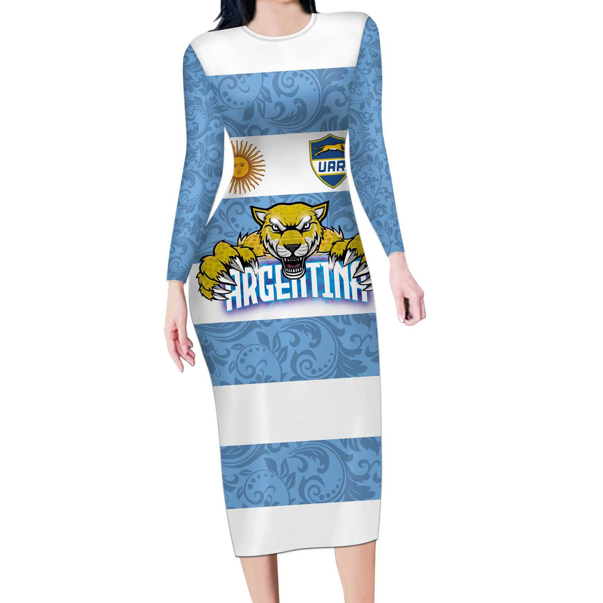 Custom Argentina Rugby 2024 Long Sleeve Bodycon Dress Vamos Los Pumas with Jaguar and Floral Pattern - Wonder Print Shop
