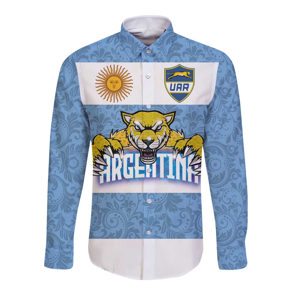 Custom Argentina Rugby 2024 Long Sleeve Button Shirt Vamos Los Pumas with Jaguar and Floral Pattern - Wonder Print Shop