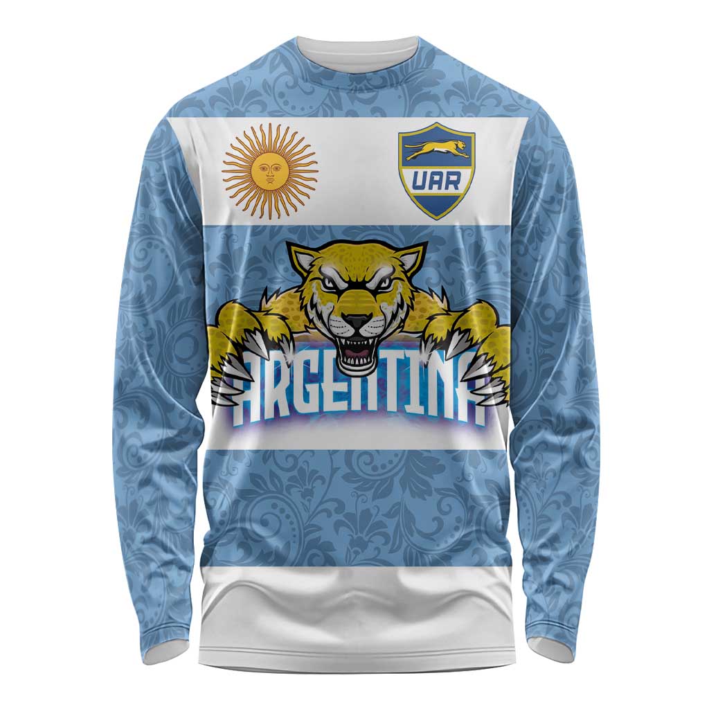 Custom Argentina Rugby 2024 Long Sleeve Shirt Vamos Los Pumas with Jaguar and Floral Pattern - Wonder Print Shop
