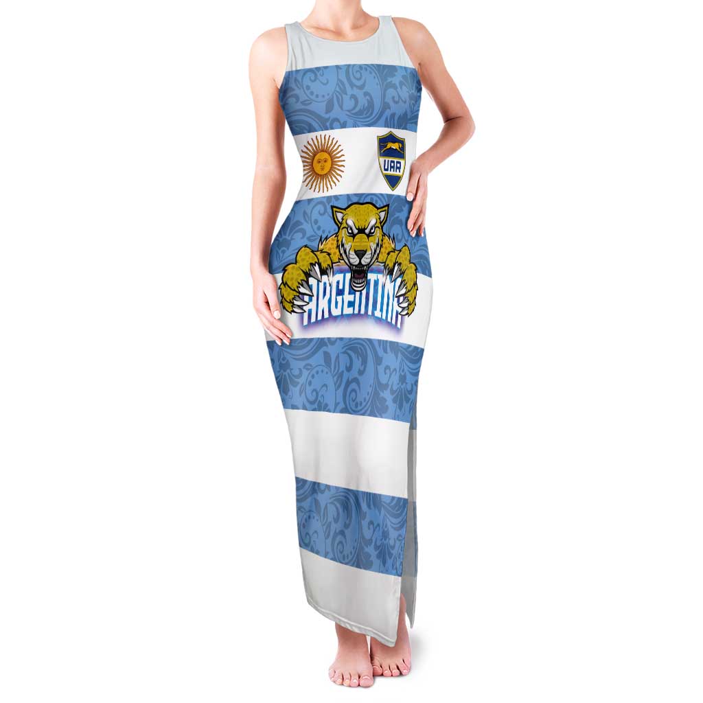 Custom Argentina Rugby 2024 Tank Maxi Dress Vamos Los Pumas with Jaguar and Floral Pattern - Wonder Print Shop