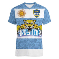 Custom Argentina Rugby 2024 Women V-Neck T-Shirt Vamos Los Pumas with Jaguar and Floral Pattern - Wonder Print Shop