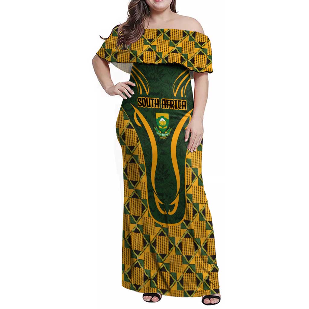 Custom South Africa Rugby 2024 Family Matching Off Shoulder Maxi Dress and Hawaiian Shirt Go Champion Springboks and Kente Pattern - Wonder Print Shop