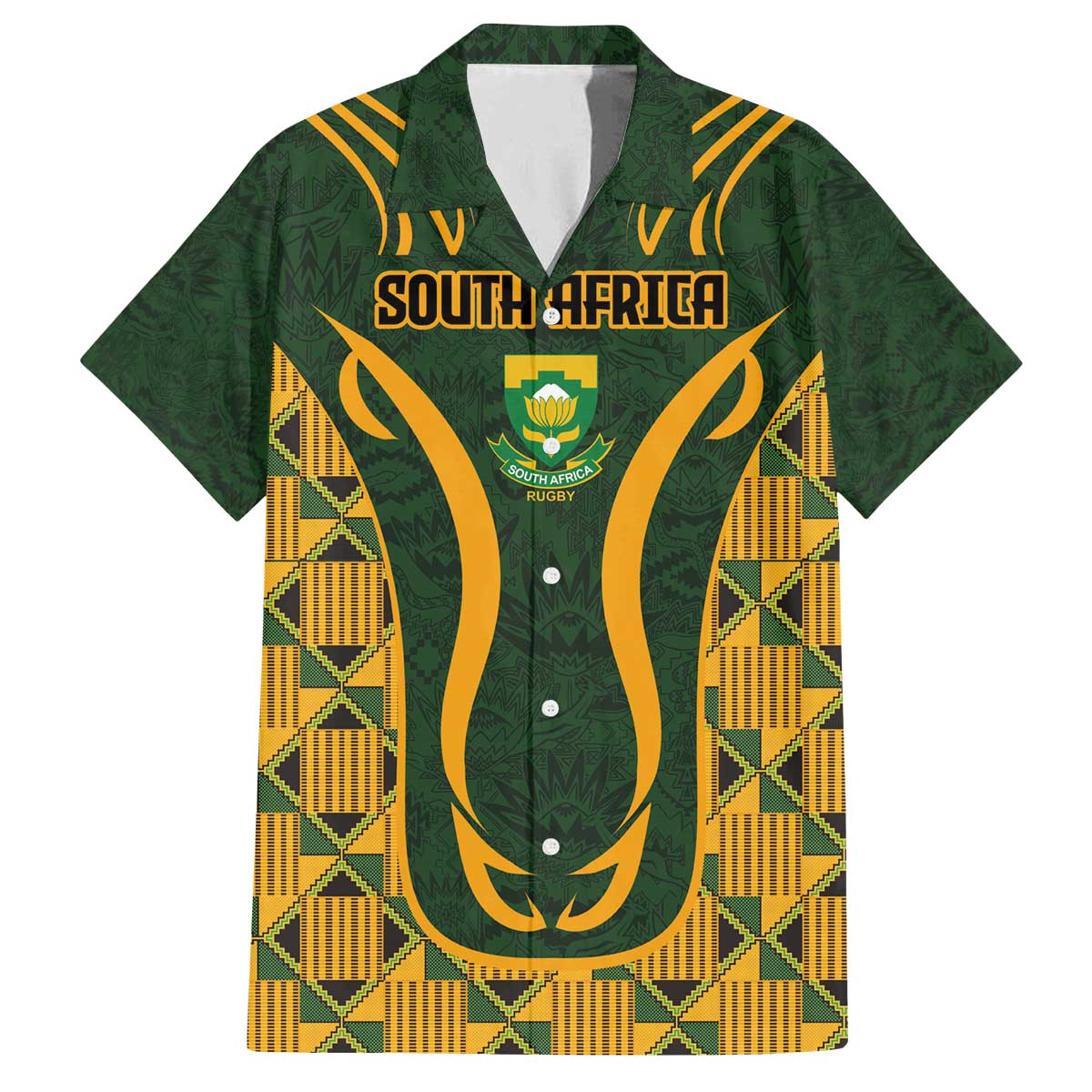 Custom South Africa Rugby 2024 Family Matching Off Shoulder Short Dress and Hawaiian Shirt Go Champion Springboks and Kente Pattern - Wonder Print Shop