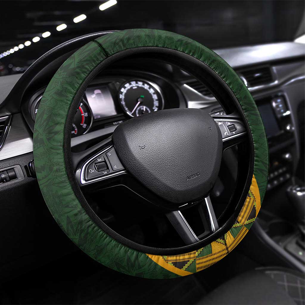 South Africa Rugby 2024 Steering Wheel Cover Go Champion Springboks and Kente Pattern - Wonder Print Shop