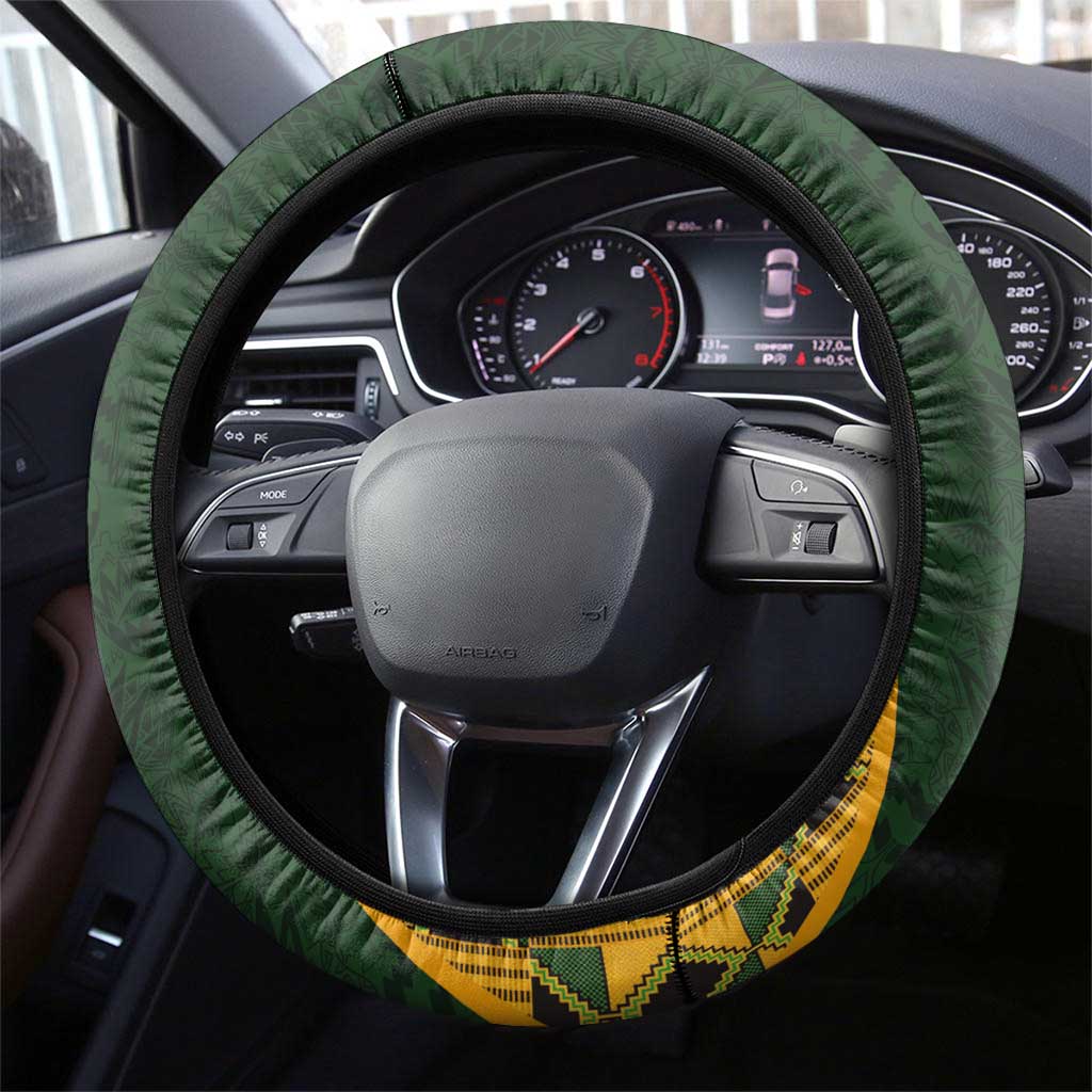 South Africa Rugby 2024 Steering Wheel Cover Go Champion Springboks and Kente Pattern - Wonder Print Shop