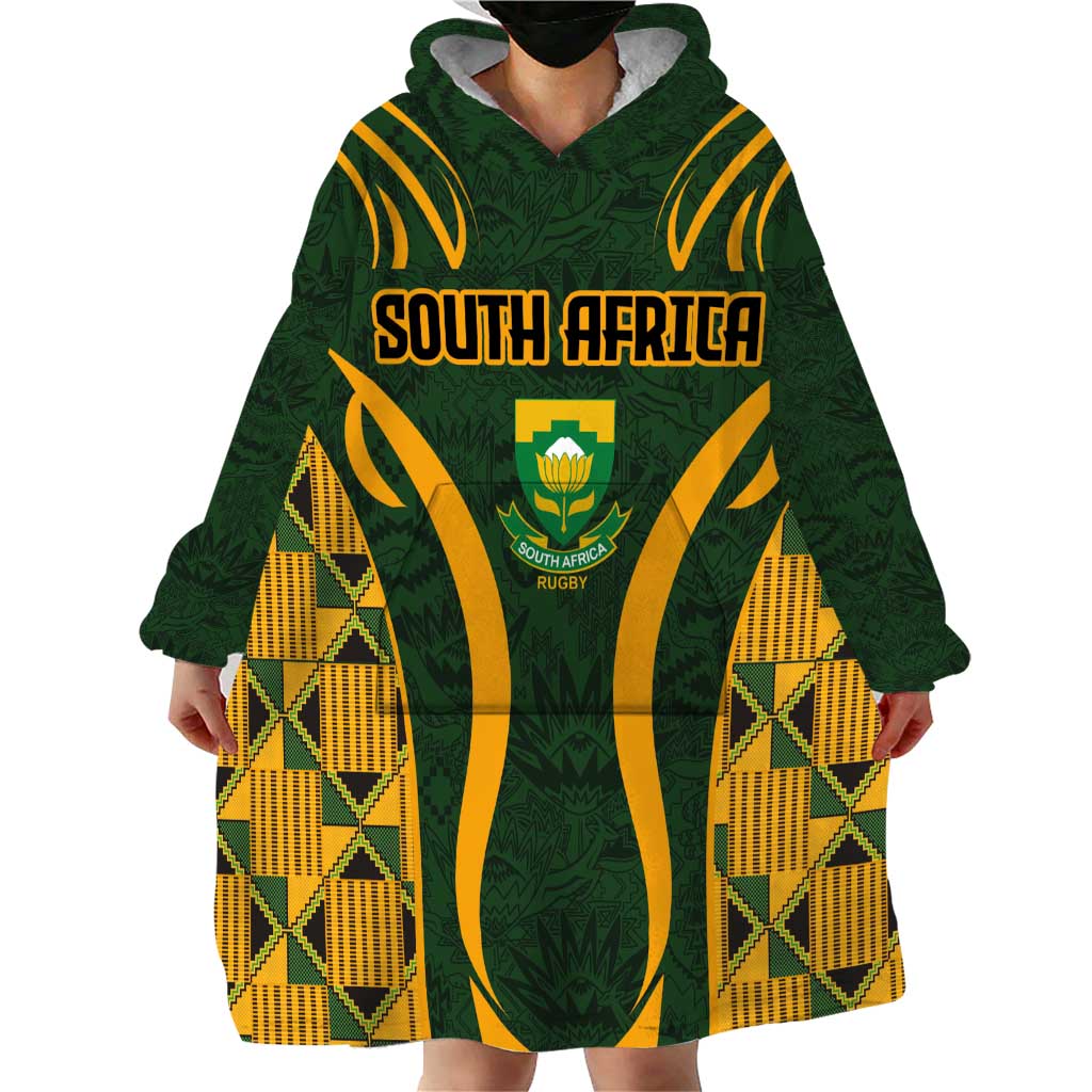 Custom South Africa Rugby 2024 Wearable Blanket Hoodie Go Champion Springboks and Kente Pattern - Wonder Print Shop