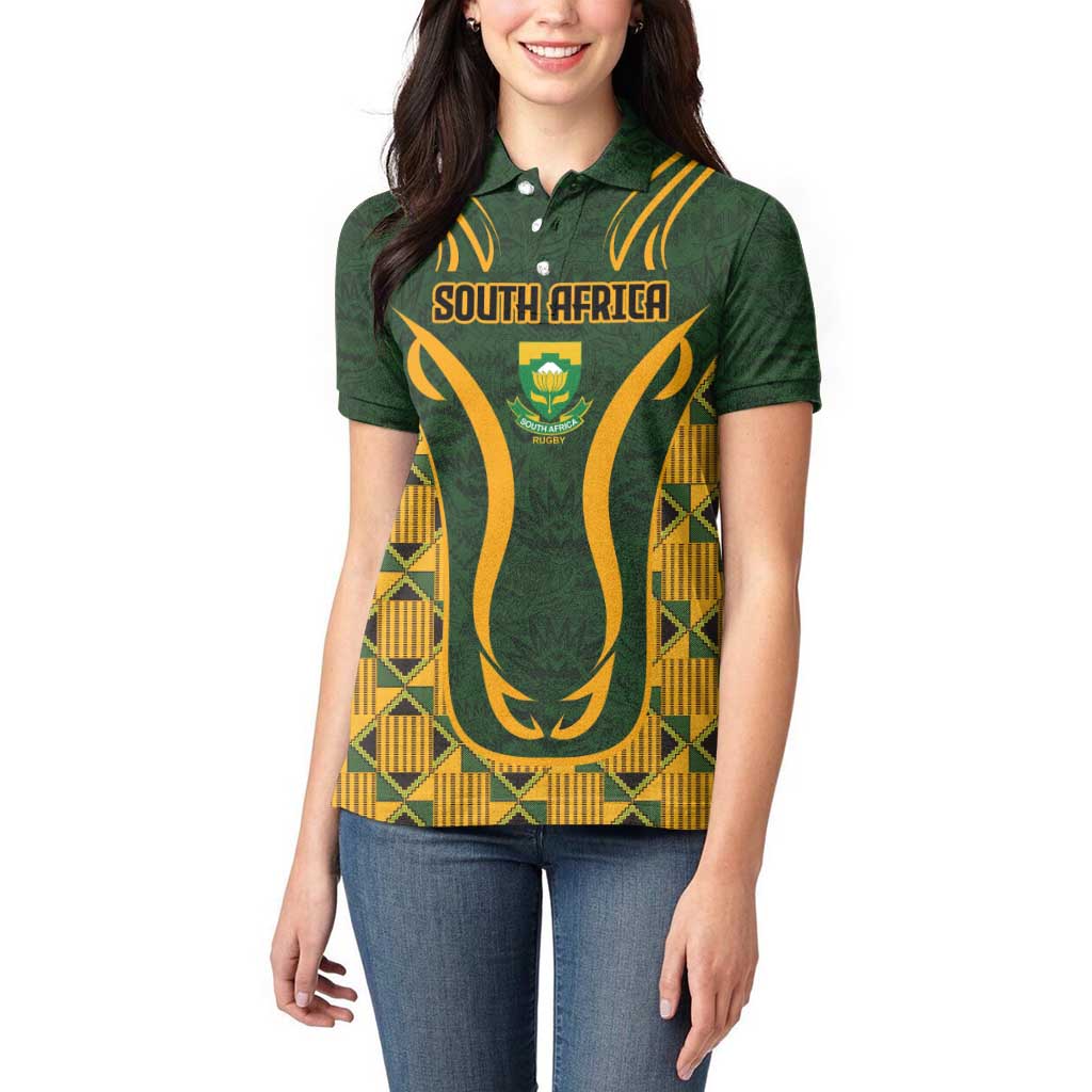 Custom South Africa Rugby 2024 Women Polo Shirt Go Champion Springboks and Kente Pattern - Wonder Print Shop