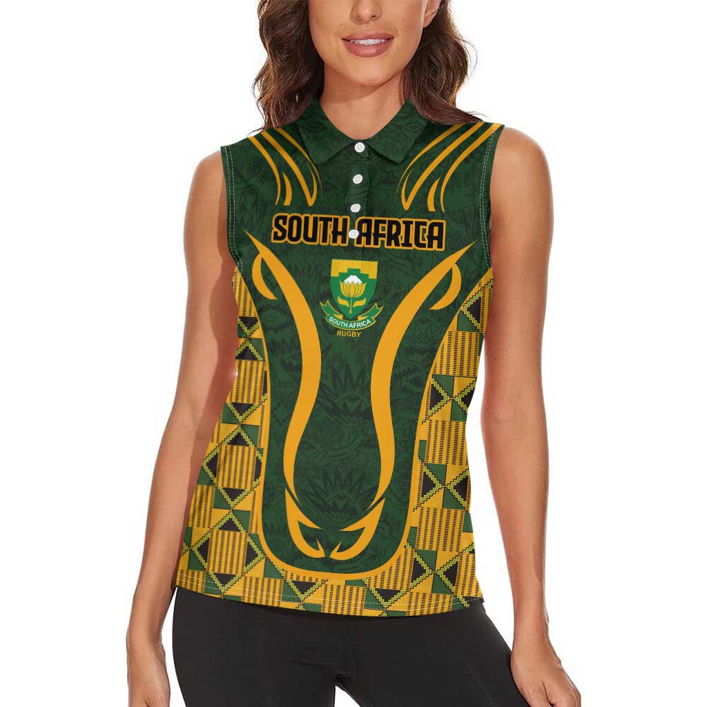 Custom South Africa Rugby 2024 Women Sleeveless Polo Shirt Go Champion Springboks and Kente Pattern - Wonder Print Shop