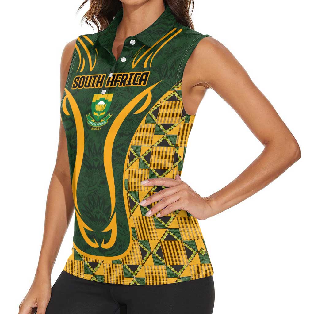 Custom South Africa Rugby 2024 Women Sleeveless Polo Shirt Go Champion Springboks and Kente Pattern - Wonder Print Shop