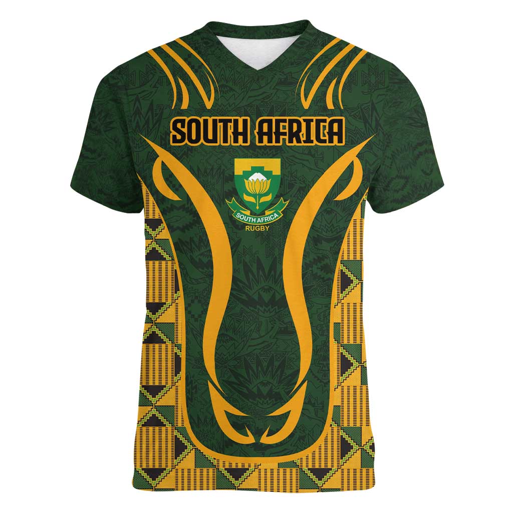 Custom South Africa Rugby 2024 Women V-Neck T-Shirt Go Champion Springboks and Kente Pattern - Wonder Print Shop
