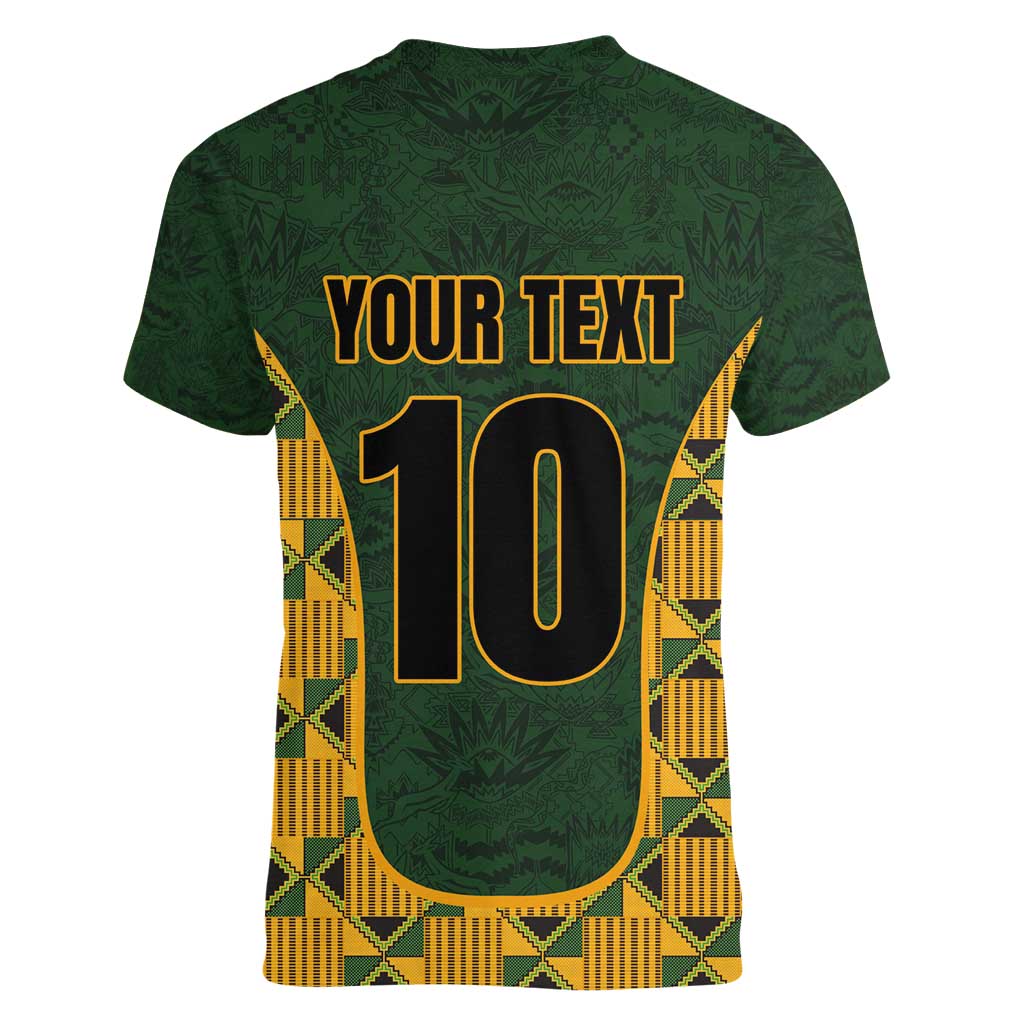 Custom South Africa Rugby 2024 Women V-Neck T-Shirt Go Champion Springboks and Kente Pattern - Wonder Print Shop