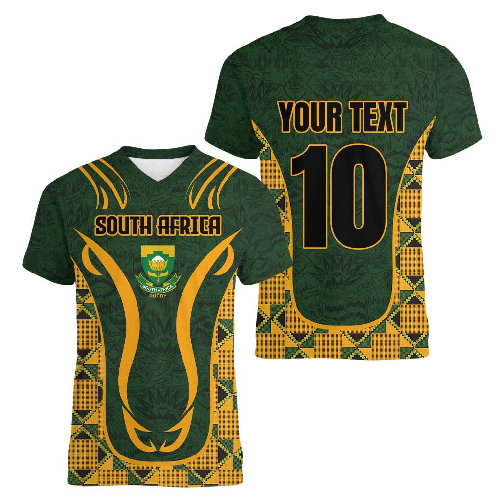Custom South Africa Rugby 2024 Women V-Neck T-Shirt Go Champion Springboks and Kente Pattern - Wonder Print Shop