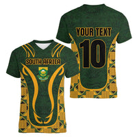 Custom South Africa Rugby 2024 Women V-Neck T-Shirt Go Champion Springboks and Kente Pattern - Wonder Print Shop