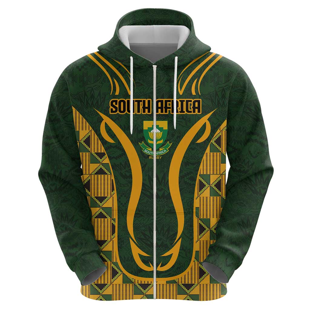 Custom South Africa Rugby 2024 Zip Hoodie Go Champion Springboks and Kente Pattern - Wonder Print Shop