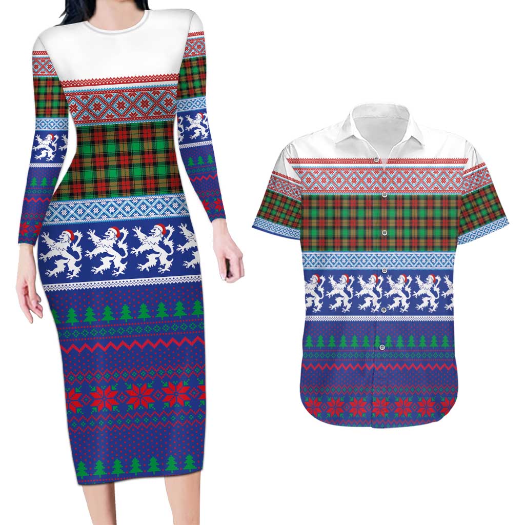 Scottish Christmas Couples Matching Long Sleeve Bodycon Dress and Hawaiian Shirt Xmas Royal Lions and Tartan - Wonder Print Shop