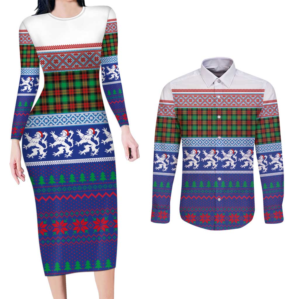 Scottish Christmas Couples Matching Long Sleeve Bodycon Dress and Long Sleeve Button Shirt Xmas Royal Lions and Tartan - Wonder Print Shop