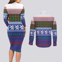 Scottish Christmas Couples Matching Long Sleeve Bodycon Dress and Long Sleeve Button Shirt Xmas Royal Lions and Tartan - Wonder Print Shop