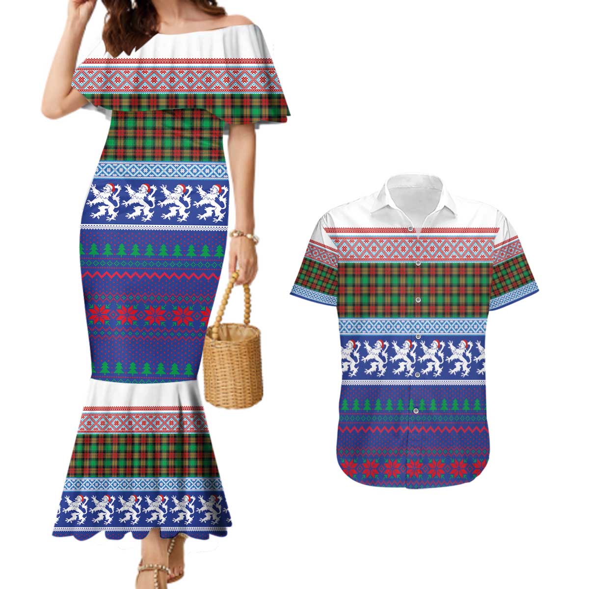 Scottish Christmas Couples Matching Mermaid Dress and Hawaiian Shirt Xmas Royal Lions and Tartan - Wonder Print Shop