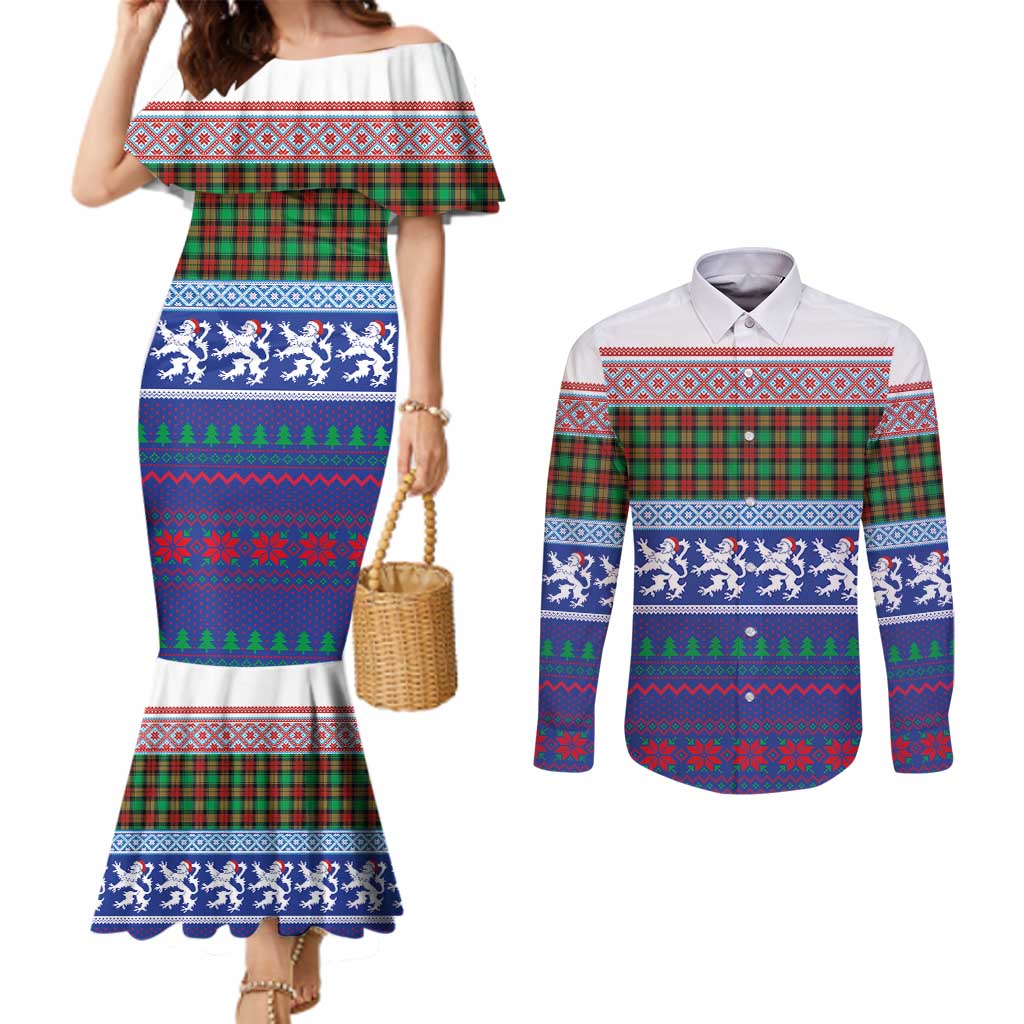 Scottish Christmas Couples Matching Mermaid Dress and Long Sleeve Button Shirt Xmas Royal Lions and Tartan - Wonder Print Shop