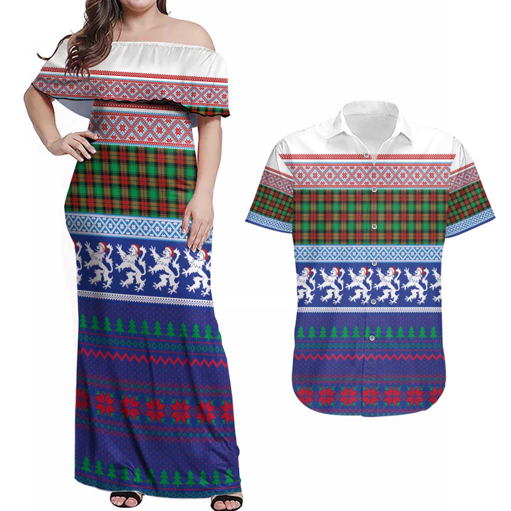 Scottish Christmas Couples Matching Off Shoulder Maxi Dress and Hawaiian Shirt Xmas Royal Lions and Tartan - Wonder Print Shop