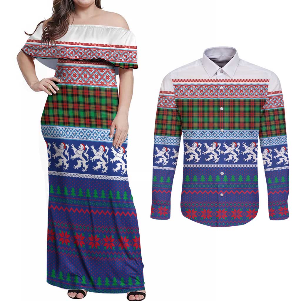 Scottish Christmas Couples Matching Off Shoulder Maxi Dress and Long Sleeve Button Shirt Xmas Royal Lions and Tartan - Wonder Print Shop