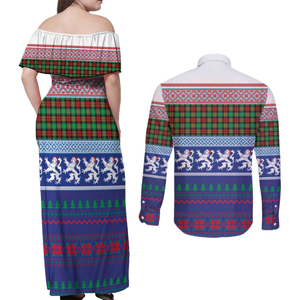 Scottish Christmas Couples Matching Off Shoulder Maxi Dress and Long Sleeve Button Shirt Xmas Royal Lions and Tartan - Wonder Print Shop