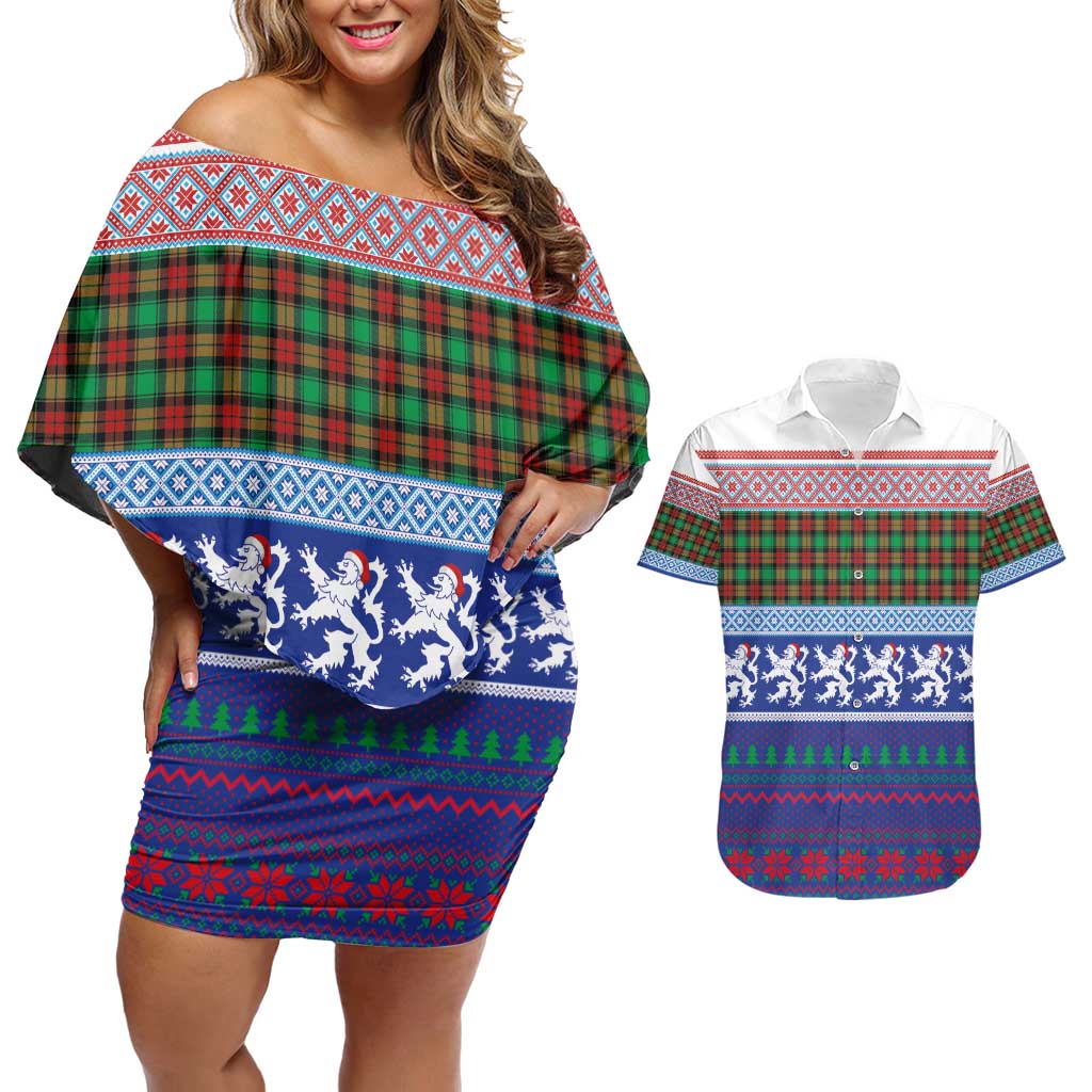 Scottish Christmas Couples Matching Off Shoulder Short Dress and Hawaiian Shirt Xmas Royal Lions and Tartan - Wonder Print Shop